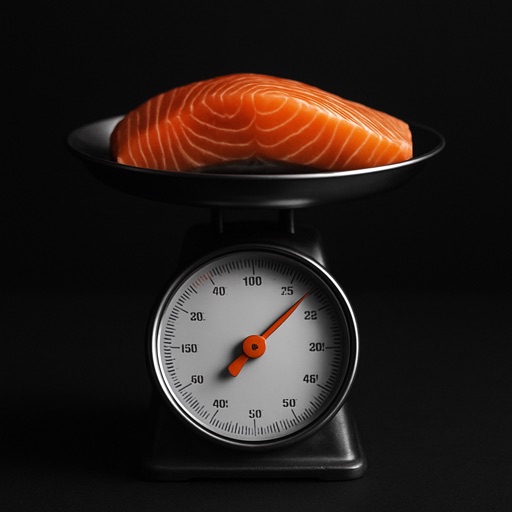 Food scale with an orange dial weighing a salmon fillet