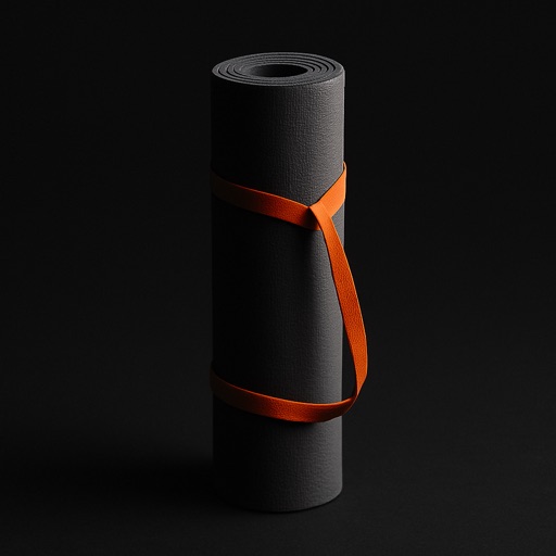Rolled yoga mat with an orange strap